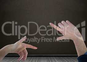 Hands interacting and pointing with blackboard background
