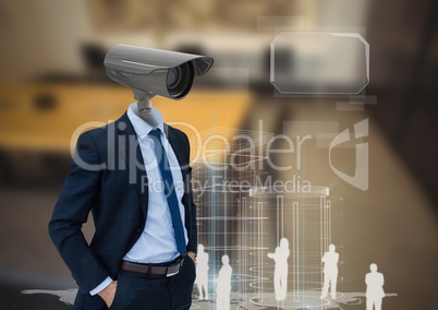 Businessman with CCTV head at office with interface
