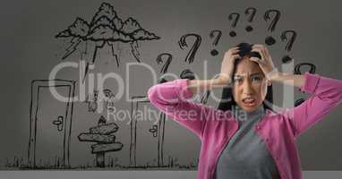 frustrated woman with question marks