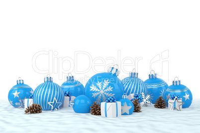 3d render - blue christmas baubles over white background