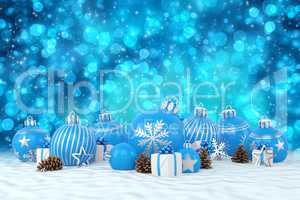 3d render - blue christmas baubles over bokeh background