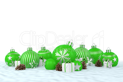 3d render - green christmas baubles over white background