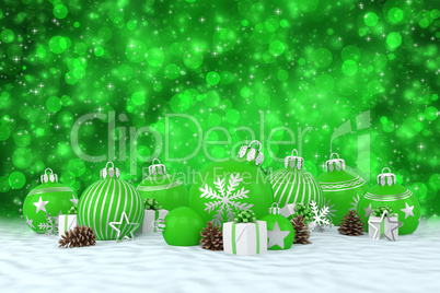 3d render - green christmas baubles over bokeh background