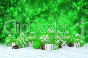 3d render - green christmas baubles over bokeh background