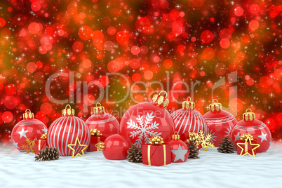 3d render - red christmas baubles over bokeh background