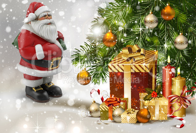 Christmas story: Santa Claus with gifts near the Christmas tree. 3 D rendering.