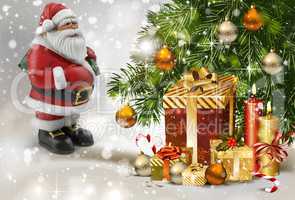 Christmas story: Santa Claus with gifts near the Christmas tree. 3 D rendering.