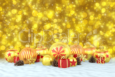3d render - golden christmas baubles over bokeh background