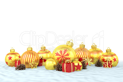 3d render - golden christmas baubles over white background