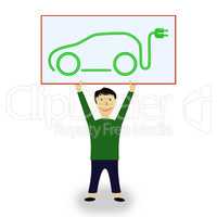 Figure holding shield with electric car high, 3d illustration