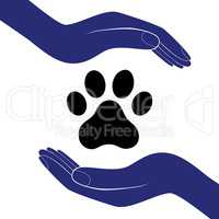 Animal dog paw in people hand, human help encourage vector illustratration.