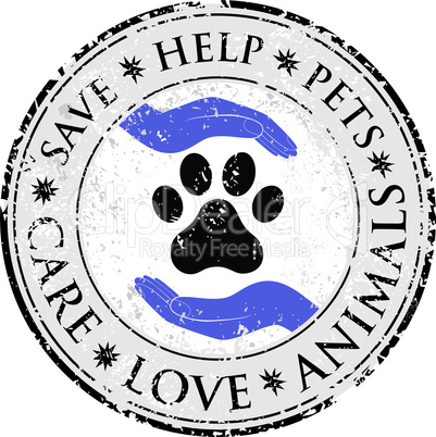 Dog paw hand love sign icon. Pets symbol textured web button. Vector Grunge post stamp. Circle banner or label. Protect your dog or cat symbol.