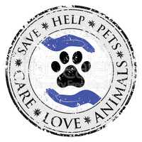 Dog paw hand love sign icon. Pets symbol textured web button. Vector Grunge post stamp. Circle banner or label. Protect your dog or cat symbol.