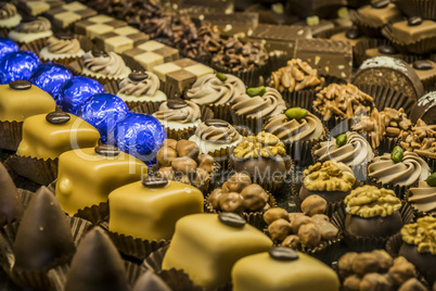 Selection of handmade chocolate bonbons and truffles lined up.