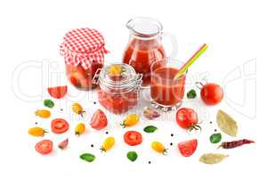 tomato juice, ketchup and tomato isolated on white