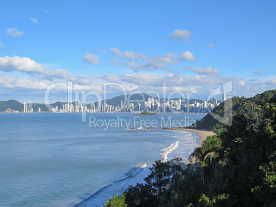 View of the coast, with city in the background and forest in the foreground