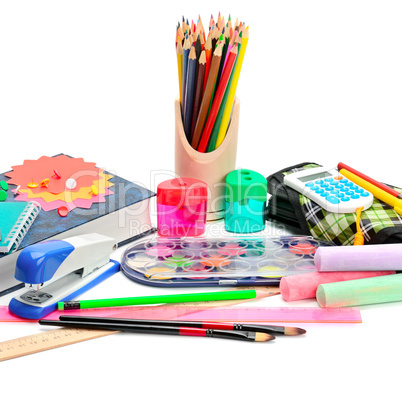 Collection of school supplies, isolated on white background.