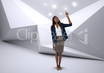 Businesswoman touching sparkle lights in minimal room