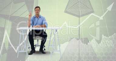 Man sitting at desk on collage of graph and skyscrapers