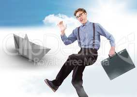 Businessman with briefcase and paper boat in sky