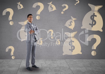 man in front of money on wall