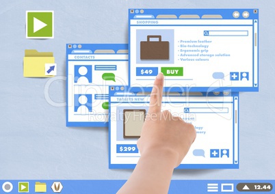 Hand touching Many shopping Website windows on Paper cut out desktop