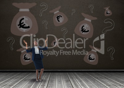 businesswoman in front of money on wall