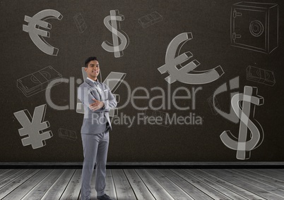 Smiling businessman in front of money on wall