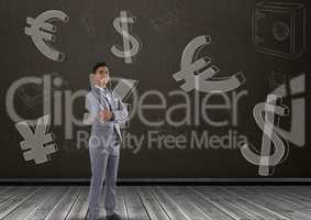 Smiling businessman in front of money on wall