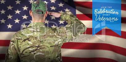 Composite image of rear view of soldier saluting