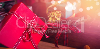 Wrapped gifts on wooden trolley