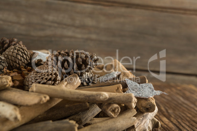 Christmas decorations on wooden table