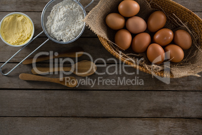 Various ingredients on a wooden table