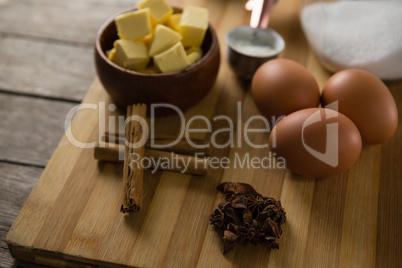 Gingerbread cookies ingredients on a chopping board