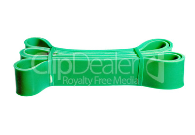Twisted green rubber wrist band isolated on white.