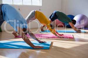Instructor with students practicing downward facing dog pose in health club
