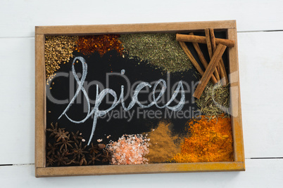 Word spices written on slate with various spices