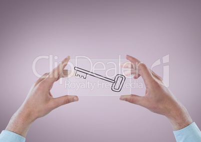 Business person holding a glass with keys icons