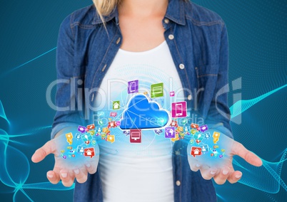 hands with application icons with blue lights floating on it and cloud between. Blue with lights bac