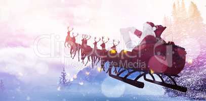 Composite image of santa claus riding on sled during christmas