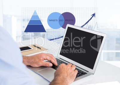 Business hands at desk with laptop and statistic charts Business hands at desk with laptop and statistic charts