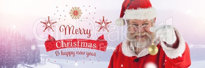 Merry Christmas  Happy New Year text and Santa Claus in Winter with Christmas bauble decoration