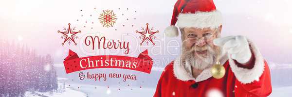 Merry Christmas  Happy New Year text and Santa Claus in Winter with Christmas bauble decoration
