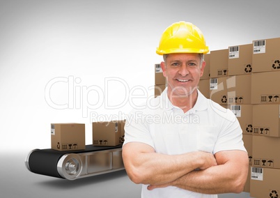 man with boxes on conveyor belt, transition