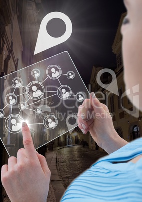 woman holding glass interface, location icon