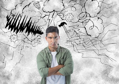 frustrated man with storm in background