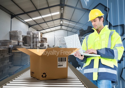 man with box on conveyor belt, transition