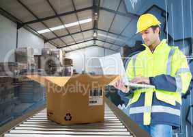 man with box on conveyor belt, transition