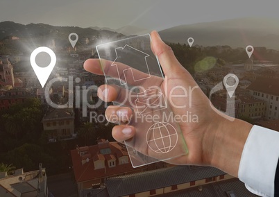 Hand holding glass interface, location icon