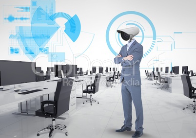 Businessman with CCTV head at office in the clouds